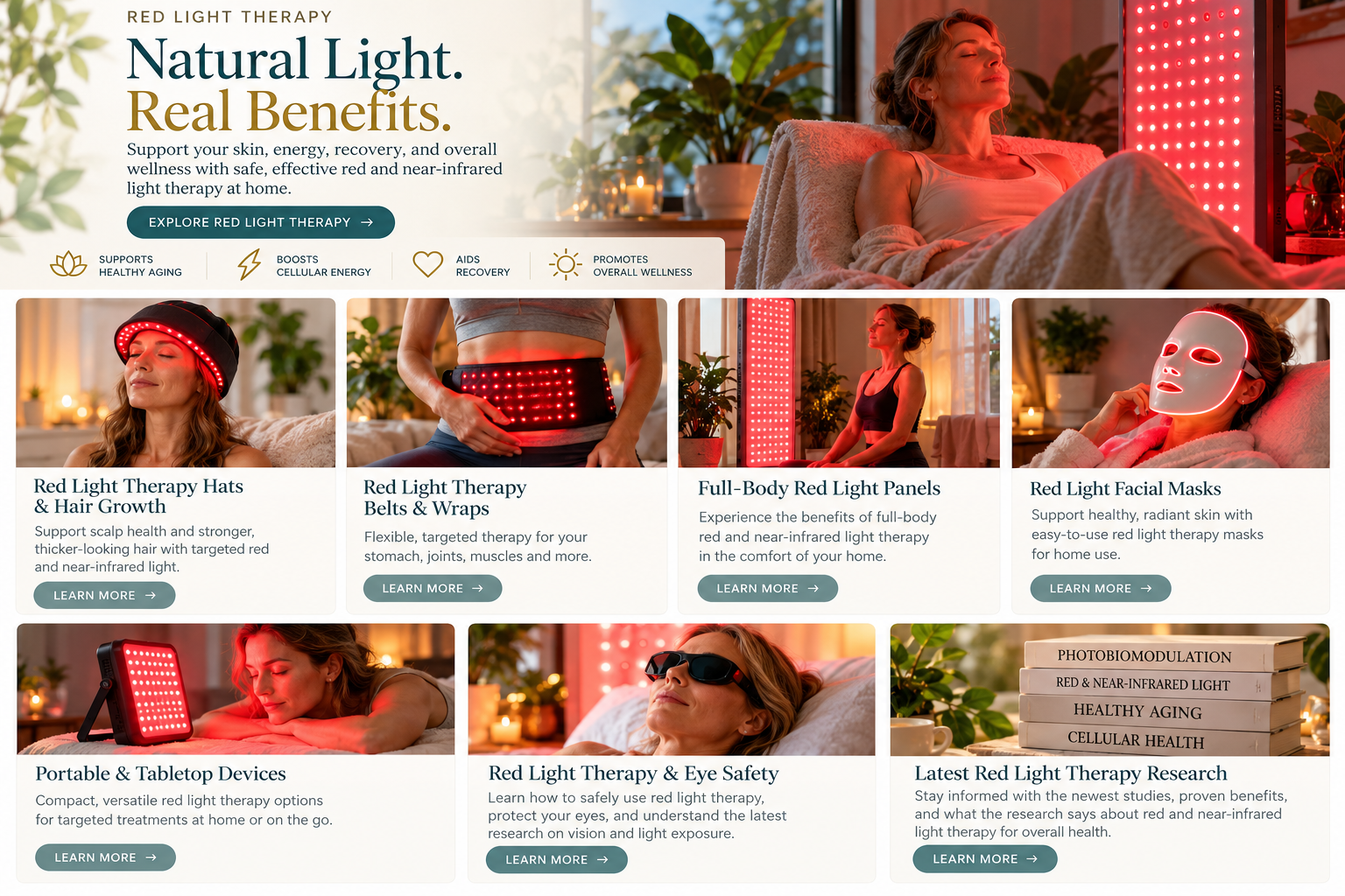 Red light therapy lifestyle illustrations showing hats, belts, full-body panels, facial masks, portable devices, eye safety, and research
